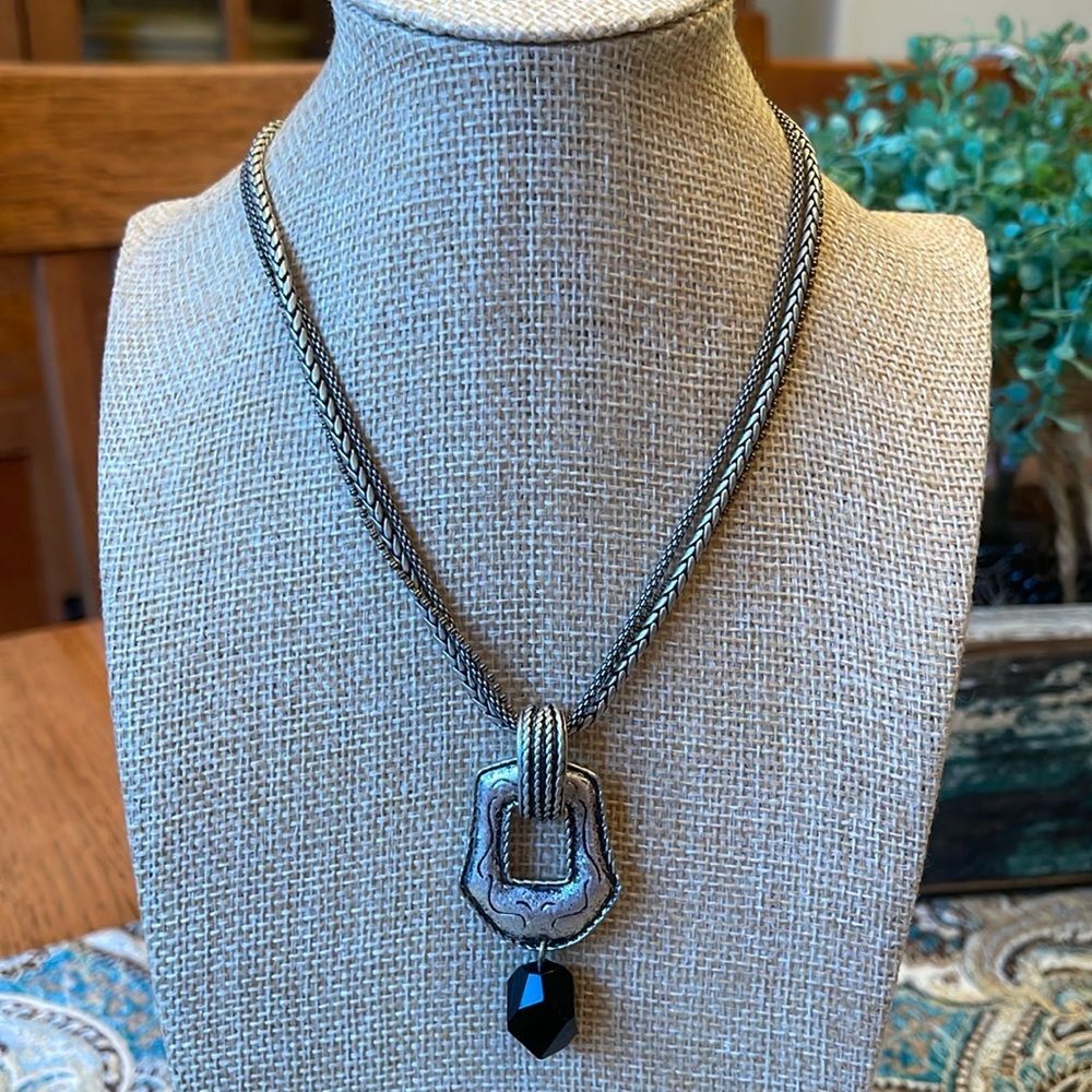Chico’s Silvertone Pendant Faceted Black Drop Multichain Necklace